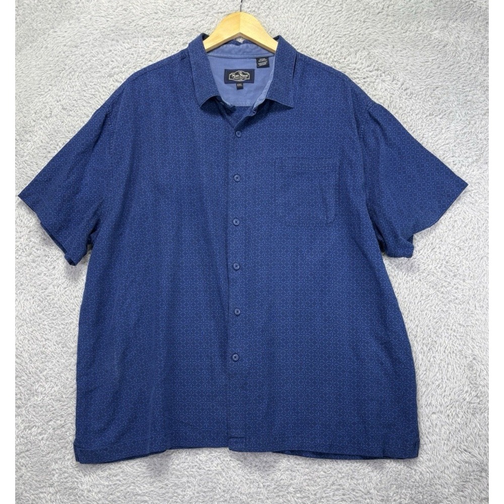 Nat Nast Mens XXL Silk Blend Shirt Blue Geometric Short Sleeve Button Up Preppy